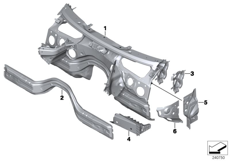 Picture board SPLASH WALL PARTS for the BMW 2 Series models  Original BMW spare parts from the electronic parts catalog (ETK) for BMW motor vehicles (car)   A-column, inner front right, Connection pcs,wheel house/entrance,rght, Left interior column A, Mou