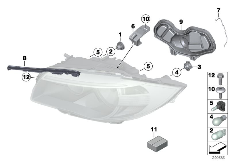 Picture board Single components for headlight for the BMW 1 Series models  Original BMW spare parts from the electronic parts catalog (ETK) for BMW motor vehicles (car)   BRACKET HEADLIGHT RIGHT, Bulb socket, parking light, Bulb socket, turn indicator, Ga