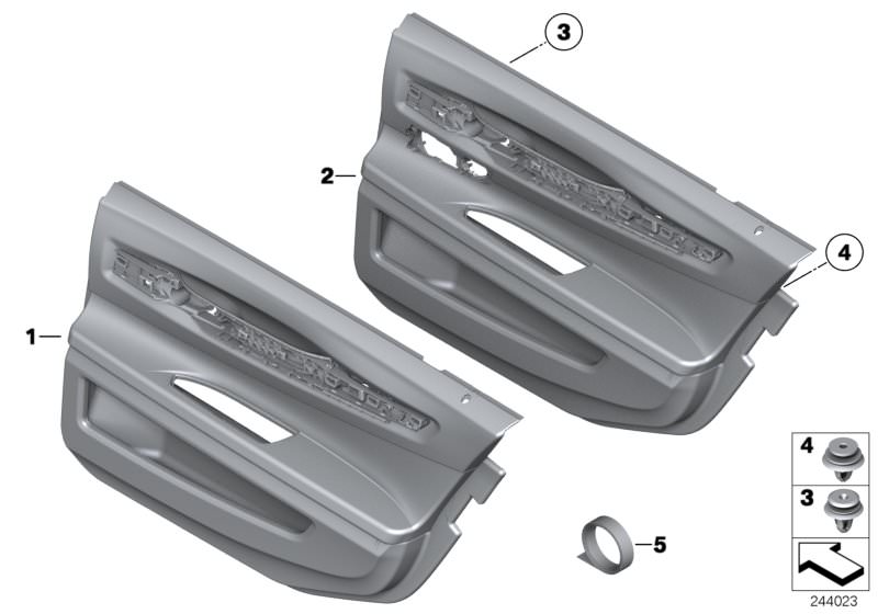 Bildtafel Türverkleidung Langversion hinten für die BMW 7er Modelle  Original BMW Ersatzteile aus dem elektronischen Teilekatalog (ETK) für BMW Kraftfahrzeuge( Auto)    Clip mit Dichtscheibe natur, Clip natur, Klebeband, Türverkleidung Leder hinten links