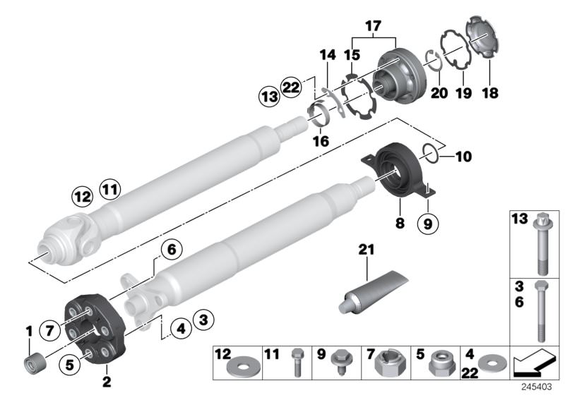Picture board DRIVE SHAFT-CEN.BEARING-CONST.VEL.JOINT for the BMW 5 Series models  Original BMW spare parts from the electronic parts catalog (ETK) for BMW motor vehicles (car)   Centering sleeve, Centre mount, propeller shaft, Const.-veloc. joint wthout 