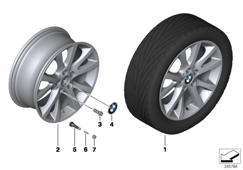 Picture board BMW LA wheel, V spoke 372 for the BMW 1 Series models  Original BMW spare parts from the electronic parts catalog (ETK) for BMW motor vehicles (car)   Hub cap with chrome edge, Light alloy rim, Rubber valve, Valve, Valve caps, Wheel bolt bla