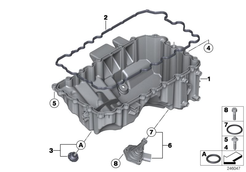 Picture board Oil pan for the BMW 2 Series models  Original BMW spare parts from the electronic parts catalog (ETK) for BMW motor vehicles (car)   ASA-Bolt, Gasket, Hex Bolt with washer, Oil levelling sensor, Oil pan, Profile-gasket, Screw plug with O-rin