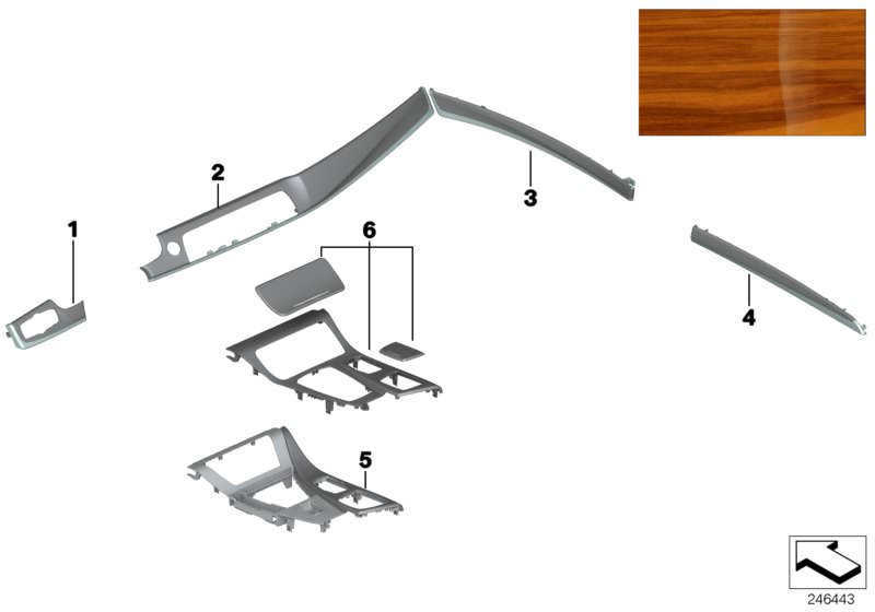 Bildtafel Indi. Holz ´Satin Nussbaum honigbraun´ für die BMW 5er Modelle  Original BMW Ersatzteile aus dem elektronischen Teilekatalog (ETK) für BMW Kraftfahrzeuge( Auto)    Holzblende Instrumententafel links, Holzblende Instrumententafel rechts, Holzblen