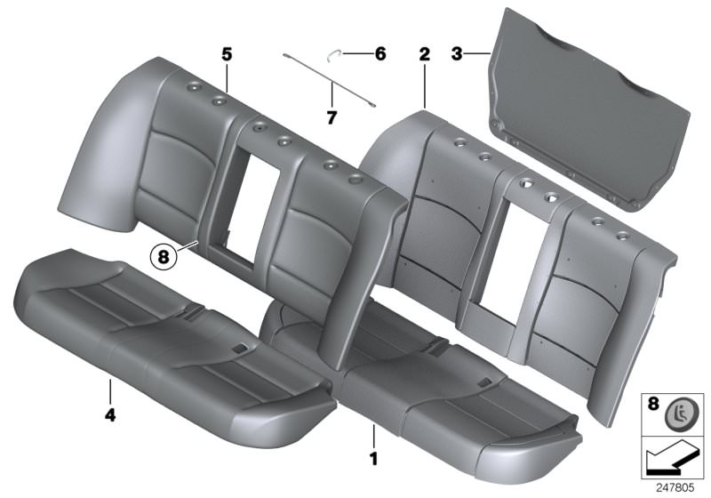 Picture board Rear seat, cushion, basic seat Lines for the BMW 5 Series models  Original BMW spare parts from the electronic parts catalog (ETK) for BMW motor vehicles (car)   Button Isofix, Clamp, Cover, basic backrest leather, Foam section, basic, backr