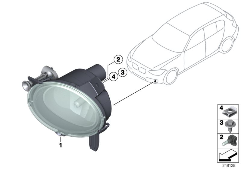 Picture board Fog lights for the BMW 1 Series models  Original BMW spare parts from the electronic parts catalog (ETK) for BMW motor vehicles (car)   Body nut, Bulb, Fog light, LED, left, Hex head screw