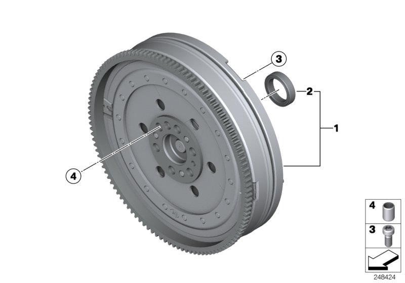 Picture board Flywheel / Twin Mass Flywheel for the BMW X Series models  Original BMW spare parts from the electronic parts catalog (ETK) for BMW motor vehicles (car)   Cylindrical roller bearing,radial, Dowel, ISA screw, Twin Mass Flywheel