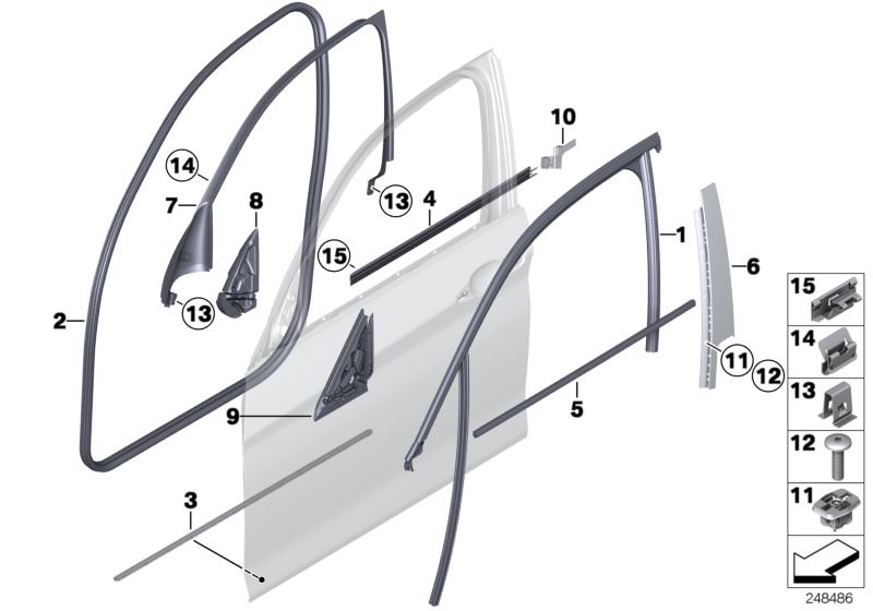 Picture board Trims and seals, door, front for the BMW 1 Series models  Original BMW spare parts from the electronic parts catalog (ETK) for BMW motor vehicles (car)   Channel cover,exterior,door, front left, Channel sealing,inside,door, front right, Clam