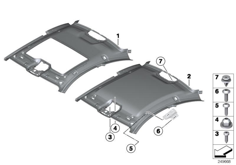 Picture board Headlining for the BMW 6 Series models  Original BMW spare parts from the electronic parts catalog (ETK) for BMW motor vehicles (car)   Clip Natur, MOLDED HEADLINING F SLIDING LIFTING ROOF, Moulded roof lining, Plastic nut, black, Screw, sel