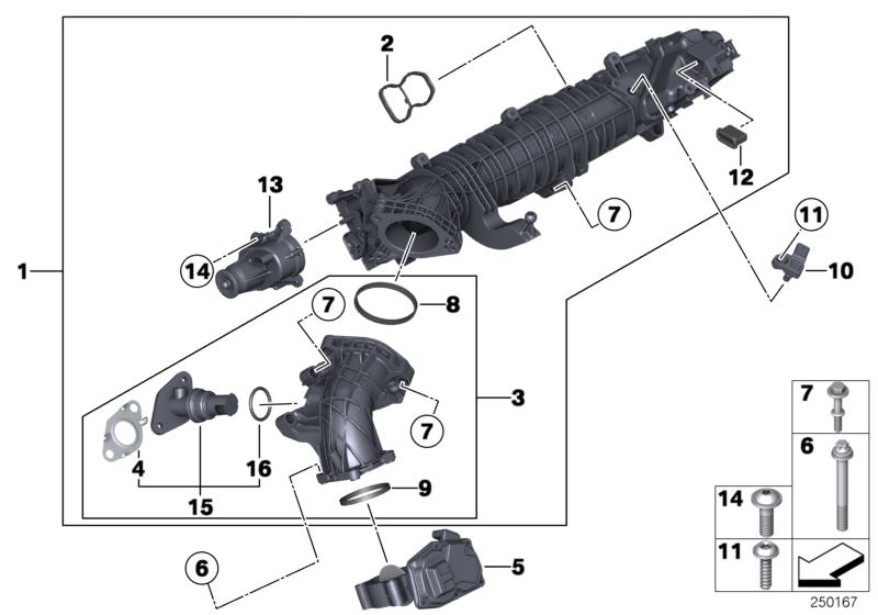 Illustration du Disp.admiss.AGR avec régulat.d couvercle pour les BMW X Série Modèles  Pièces de rechange d'origine BMW du catalogue de pièces électroniques (ETK) pour véhicules automobiles BMW (voiture)   Adjuster unit, ASA screw with washer, Fastening e