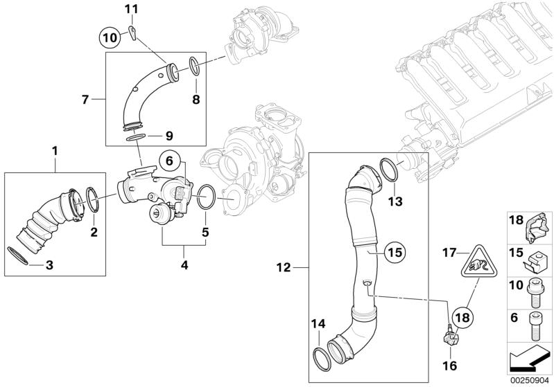 Picture board INTAKE MANIFOLD-SUPERCHARG.AIR DUCT/AGR for the BMW 3 Series models  Original BMW spare parts from the electronic parts catalog (ETK) for BMW motor vehicles (car)   Bypass valve, Cable holder, Charge air line, Connection pipe, Internal Torx 