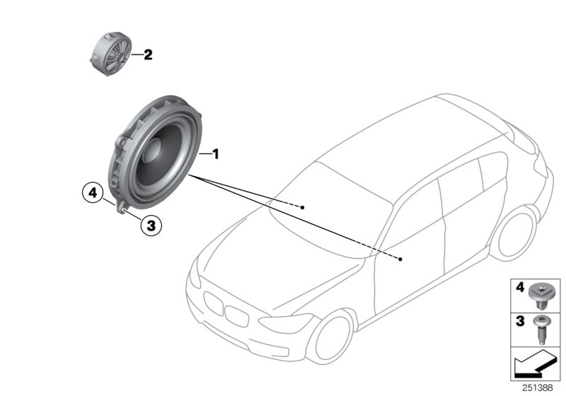 Picture board SINGLE PARTS F FRONT DOOR LOUDSPEAKER for the BMW 2 Series models  Original BMW spare parts from the electronic parts catalog (ETK) for BMW motor vehicles (car)   Expanding nut, Fillister head screw, Mid-range speaker Harman Kardon, Tweeter