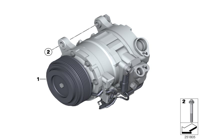 Picture board Air-conditioner compressor/mounting part for the BMW X Series models  Original BMW spare parts from the electronic parts catalog (ETK) for BMW motor vehicles (car)   Hexalobular socket screw, RP AC compressor.w.magnetic coupling