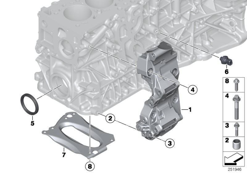 Illustration du Pièces de bloc-moteur pour les BMW X Série Modèles  Pièces de rechange d'origine BMW du catalogue de pièces électroniques (ETK) pour véhicules automobiles BMW (voiture)   Aggregate support, ASA screw with washer, ASA-Bolt, BOWL REINFORCEME