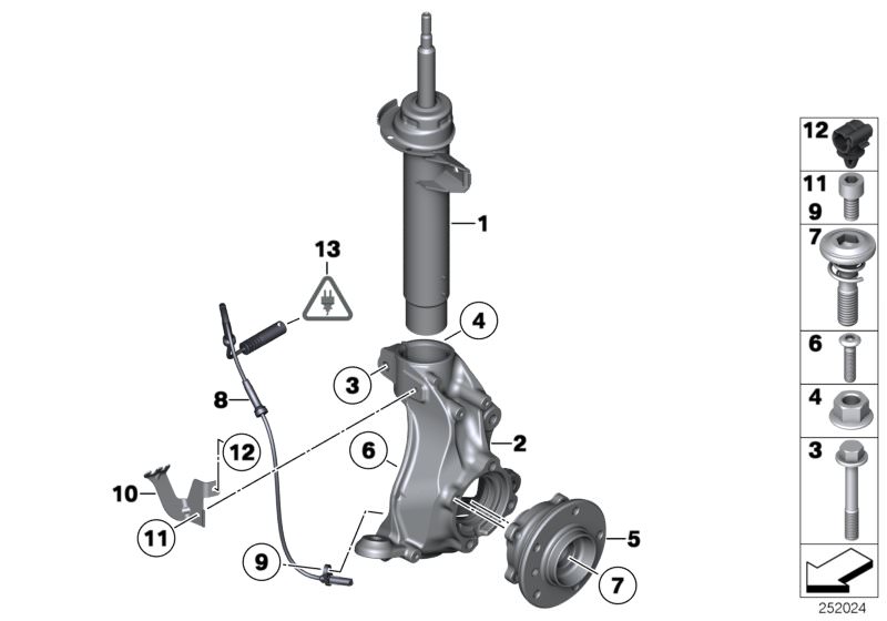 Picture board Front Spring strut/Carrier/Wheel bearing for the BMW X Series models  Original BMW spare parts from the electronic parts catalog (ETK) for BMW motor vehicles (car)   Bracket for pulse generator, left, Carrier, right, Clip, Collar bolt with c