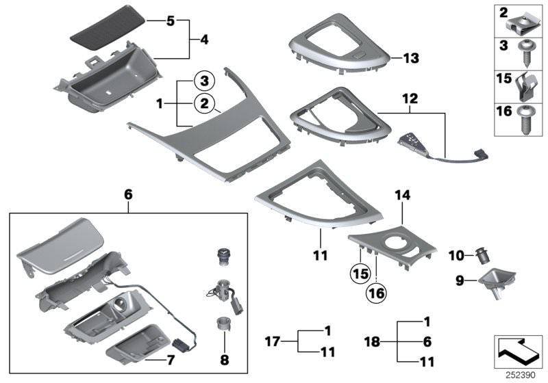 Picture board Mounted parts for centre console for the BMW 1 Series models  Original BMW spare parts from the electronic parts catalog (ETK) for BMW motor vehicles (car)   Ashtray insert, Ashtray, black matt, Body nut, Clamp, Cover, central control unit, 