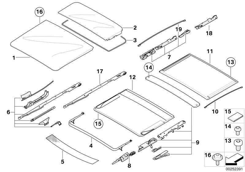 Bildtafel Schiebehebedach-Deckel/Himmelrahmen für die BMW X Modelle  Original BMW Ersatzteile aus dem elektronischen Teilekatalog (ETK) für BMW Kraftfahrzeuge( Auto)    Antriebskabel Glasdeckel, Dichtung Deckel Schiebehebedach hinten, Glasdeckel, Gleiters