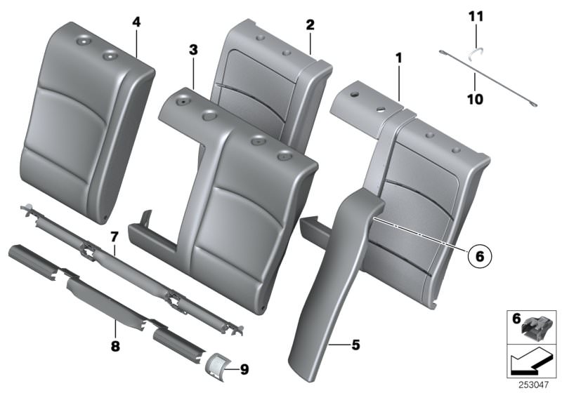 Picture board Seat,rear,cushion&cover, through-loading for the BMW 5 Series models  Original BMW spare parts from the electronic parts catalog (ETK) for BMW motor vehicles (car)   Backrest cover Alcantara, left, Clamp, Clip, Cover backrest, leather, right