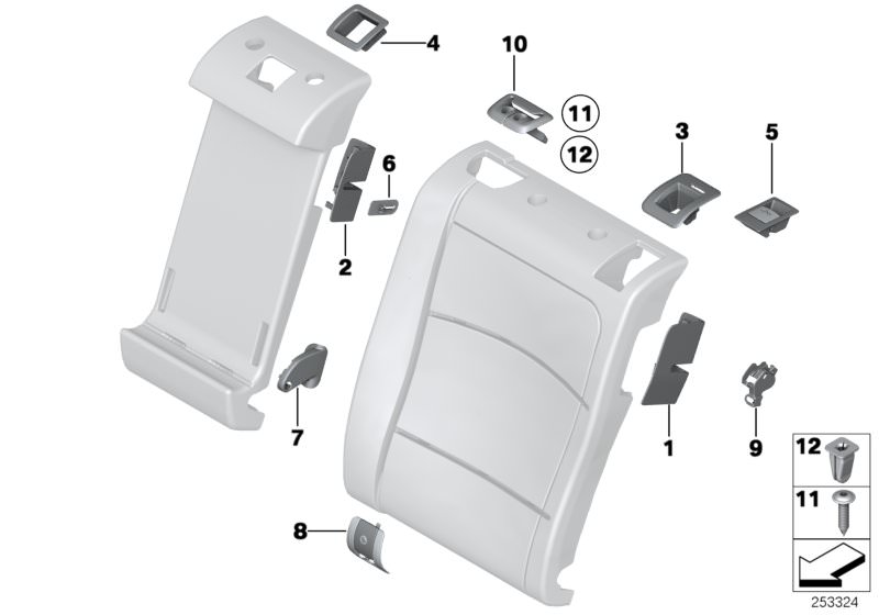 Picture board Seat, rear, seat trims for the BMW 5 Series models  Original BMW spare parts from the electronic parts catalog (ETK) for BMW motor vehicles (car)   Center cover, catch bracket, Centre cover, release, Cover isofix, Cover, belt outlet, Cover, 