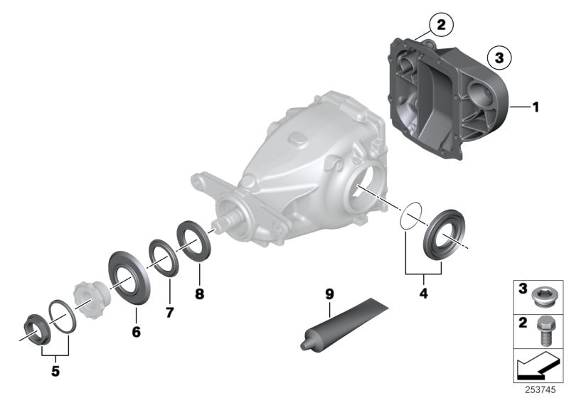 Picture board Rear-axle-drive parts for the BMW X Series models  Original BMW spare parts from the electronic parts catalog (ETK) for BMW motor vehicles (car)   Dustcover plate, dustcover plate, small, Flanged cap screw, GASKET SET DIFFERENTIAL, Liquid se