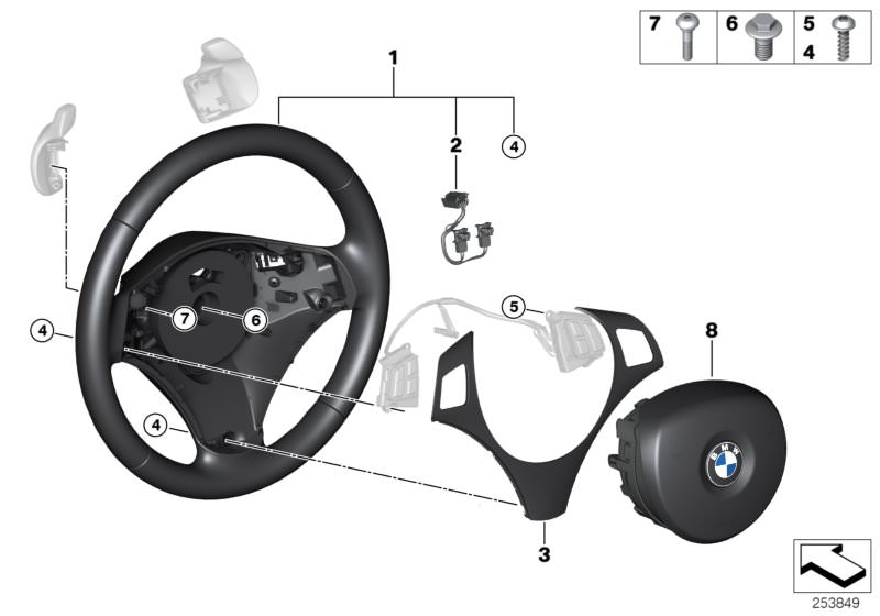 Picture board Sport st.wheel, airbag, multif./paddles for the BMW 1 Series models  Original BMW spare parts from the electronic parts catalog (ETK) for BMW motor vehicles (car)   Airbag module, driver´s side, Connecting line airbag / coil spring, Cover,st