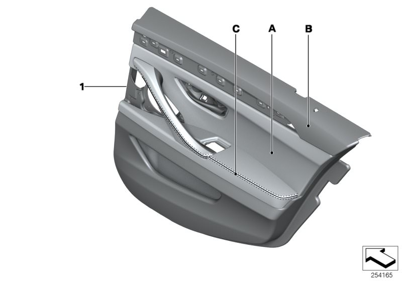 Illustration du Revetement de porte arriere Individual pour les BMW 5 Série Modèles  Pièces de rechange d'origine BMW du catalogue de pièces électroniques (ETK) pour véhicules automobiles BMW (voiture)   Door trim panel, rear, right