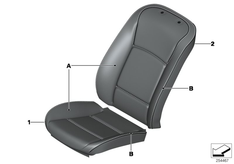 Picture board Indiv.cover, basic seat, front for the BMW 5 Series models  Original BMW spare parts from the electronic parts catalog (ETK) for BMW motor vehicles (car)   Backrest cover, basic seat, leather, Seat cover, basic seat, leather