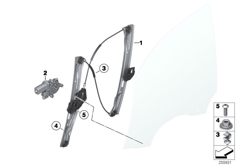 Picture board DOOR WINDOW LIFTING MECHANISM FRONT for the BMW 3 Series models  Original BMW spare parts from the electronic parts catalog (ETK) for BMW motor vehicles (car)   Cable holder, Drive for window lifter, front left, Fillister head screw, Hex nut