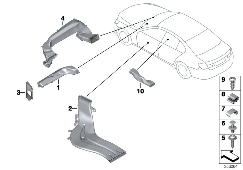 Picture board AIR CHANNEL for the BMW 7 Series models  Original BMW spare parts from the electronic parts catalog (ETK) for BMW motor vehicles (car)   Air duct, rear compart. air cond., right, Air duct, right footwell, Clamp, Cold air duct, right, Defrost