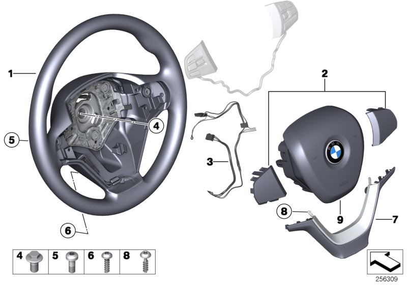 Picture board Airbag sports steering wheel for the BMW X Series models  Original BMW spare parts from the electronic parts catalog (ETK) for BMW motor vehicles (car)   Airbag module driver´s side w absorber, connecting line, steering wheel, Cover, steerin
