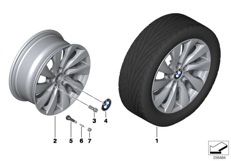 Picture board BMW LA wheel turbine styling 381 for the BMW 1 Series models  Original BMW spare parts from the electronic parts catalog (ETK) for BMW motor vehicles (car)   Hub cap with chrome edge, Light alloy disc wheel Reflexsilber, Rubber valve, Set co