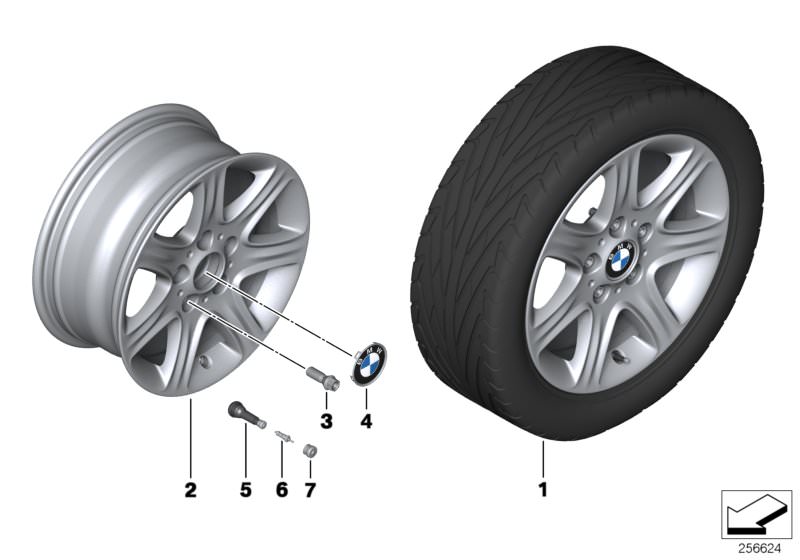 Picture board BMW LA wheel, star spoke 377 for the BMW 1 Series models  Original BMW spare parts from the electronic parts catalog (ETK) for BMW motor vehicles (car)   Hub cap with chrome edge, Light alloy disc wheel Reflexsilber, Rubber valve, Valve, Val
