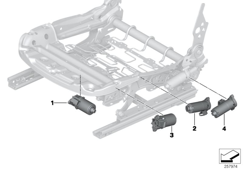 Picture board Seat, front, electrical system & drives for the BMW 3 Series models  Original BMW spare parts from the electronic parts catalog (ETK) for BMW motor vehicles (car)   Drive, seat height adjustment left, Engine, backrest adjustment, Engine, lon