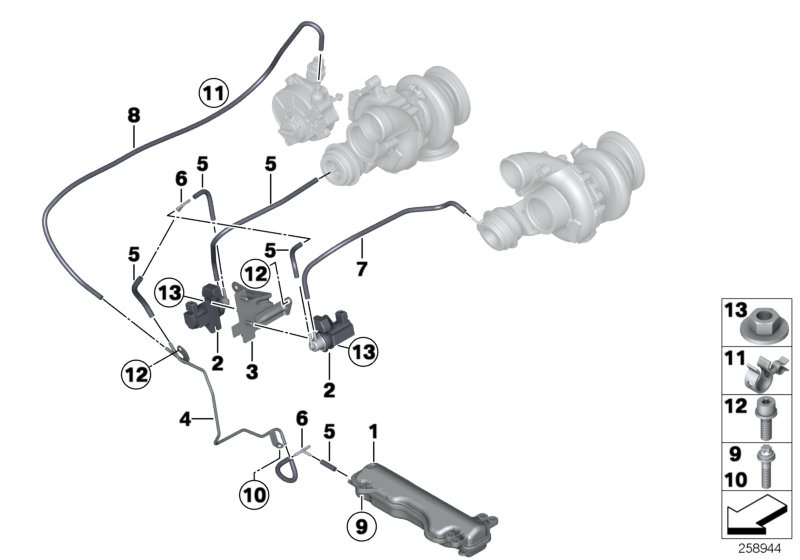 Picture board VACUM CONTROL-ENGINE-TURBO CHARGER for the BMW 5 Series models  Original BMW spare parts from the electronic parts catalog (ETK) for BMW motor vehicles (car)   ASA-Bolt, Hex nut, Holder, Hose clamp, Isa screw with washer, PRESSURE CONVERTER,