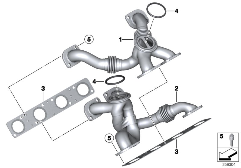 Picture board Exhaust manifold for the BMW 5 Series models  Original BMW spare parts from the electronic parts catalog (ETK) for BMW motor vehicles (car)   ASA-Bolt, Exhaust manifold, Gasket, Gasket ring