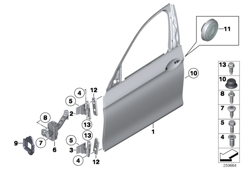 Picture board FRONT DOOR-HINGE/DOOR BRAKE for the BMW 5 Series models  Original BMW spare parts from the electronic parts catalog (ETK) for BMW motor vehicles (car)   Compensating plate, Door front left, FRONT DOOR BRAKE, Gasket, door brake, Hexagon screw