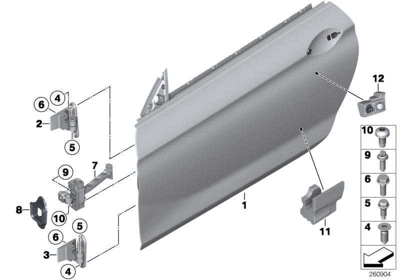 Bildtafel Tür vorn - Scharnier/Türbremse für die BMW 6er Modelle  Original BMW Ersatzteile aus dem elektronischen Teilekatalog (ETK) für BMW Kraftfahrzeuge( Auto)    Crashpad Tür vorn rechts, Dichtung Türbremse rechts, Linsenschraube mit Losdrehsicherung,