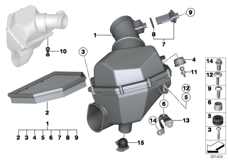 Picture board Intake silencer/Filter cartridge/HFM for the BMW 5 Series models  Original BMW spare parts from the electronic parts catalog (ETK) for BMW motor vehicles (car)   Air filter element, cylinder bank 1, ASA-Bolt, Ball pin, Bracket, intake silenc