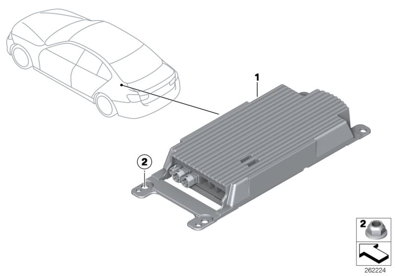Illustration du Combox télématique pour les BMW 3 Série Modèles  Pièces de rechange d'origine BMW du catalogue de pièces électroniques (ETK) pour véhicules automobiles BMW (voiture)   Combox telematics, Hex nut
