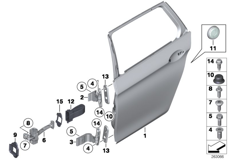 Picture board Rear door - hinge/door brake for the BMW 5 Series models  Original BMW spare parts from the electronic parts catalog (ETK) for BMW motor vehicles (car)   Compensating plate, Cover, door retainer, rear, Door, rear left, Gasket door brake rear