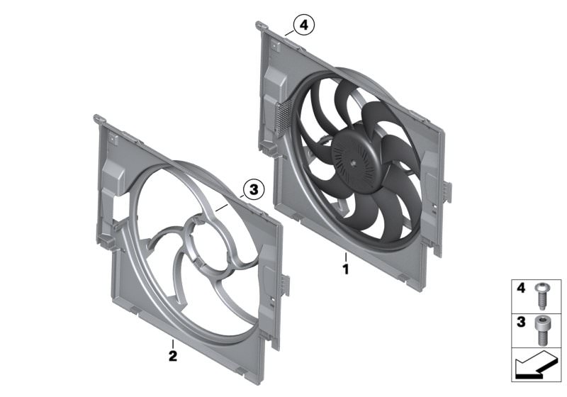 Picture board Fan housing with fan for the BMW 2 Series models  Original BMW spare parts from the electronic parts catalog (ETK) for BMW motor vehicles (car)   Fan housing with fan, Fan shroud, Fillister head screw, Screw, self tapping