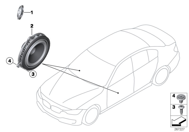 Picture board SINGLE PARTS F FRONT DOOR LOUDSPEAKER for the BMW 4 Series models  Original BMW spare parts from the electronic parts catalog (ETK) for BMW motor vehicles (car)   Expanding nut, Fillister head screw, Mid-range speaker, stereo, Top-hifi louds