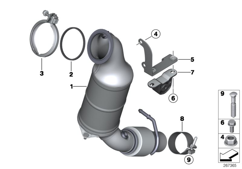 Picture board Engine-compartment catalytic converter for the BMW 1 Series models  Original BMW spare parts from the electronic parts catalog (ETK) for BMW motor vehicles (car)   ASA-Bolt, Exch catalytic converter close to engine, Gasket exh.turbocharger/c
