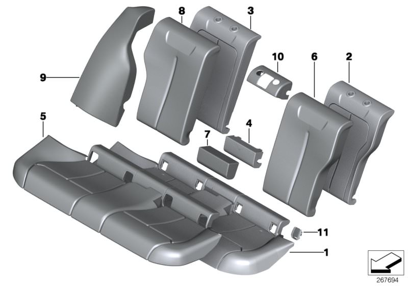 Picture board Seat,rear,cushion&cover, through-loading for the BMW 3 Series models  Original BMW spare parts from the electronic parts catalog (ETK) for BMW motor vehicles (car)   Cover isofix, Cover, backrest, fabric, middle, Cover, backrest, leather, mi