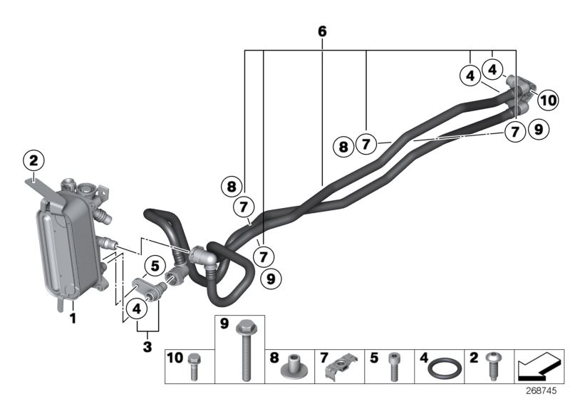 Picture board Heat exch./transmission oil cooler line for the BMW 5 Series models  Original BMW spare parts from the electronic parts catalog (ETK) for BMW motor vehicles (car)   Adapter, Heat exchanger, Hex Bolt with washer, ISA screw, LOCKING SCREW, O-r