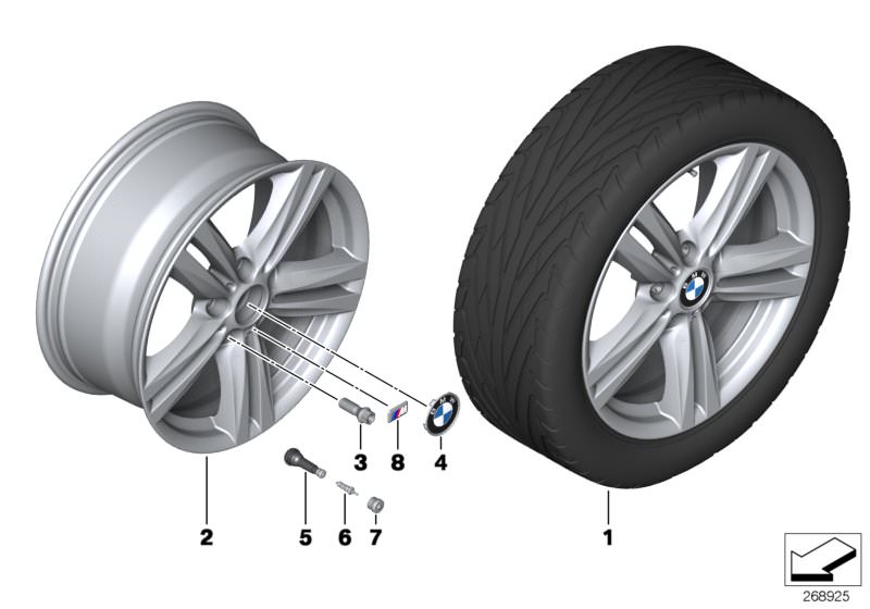 Picture board BMW LA wheel, M star spoke 386 for the BMW 1 Series models  Original BMW spare parts from the electronic parts catalog (ETK) for BMW motor vehicles (car)   Hub cap with chrome edge, Light alloy rim, M badge, Rubber valve, Valve, Valve caps, 