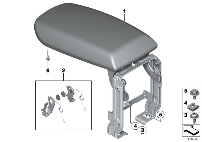 Picture board Armrest, centre console for the BMW X Series models  Original BMW spare parts from the electronic parts catalog (ETK) for BMW motor vehicles (car)   Armrest, leather, front middle, Body nut, Hex Bolt with washer, Repair kit, armrest, Rubber 