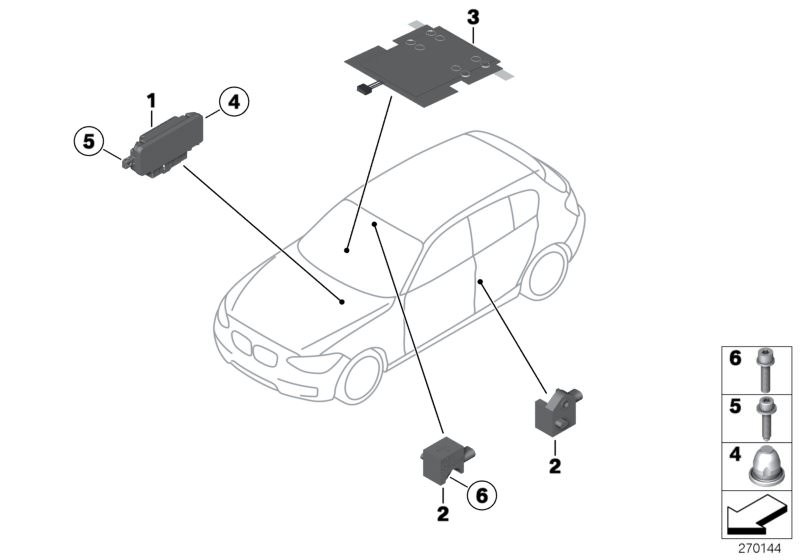 Bildtafel Elektrikteile Airbag für die BMW 1er Modelle  Original BMW Ersatzteile aus dem elektronischen Teilekatalog (ETK) für BMW Kraftfahrzeuge( Auto)    Blechschraube, Flachkopfschraube, Sensor B-Säule, Sensormatte Beifahrersitzerkennung, Snap-Lock-Kup