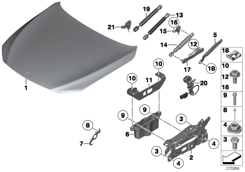 Picture board ENGINE HOOD/MOUNTING PARTS for the BMW 7 Series models  Original BMW spare parts from the electronic parts catalog (ETK) for BMW motor vehicles (car)   Actuator, rear right, Actuator, right, ALUMINIUM ENGINE HOOD, Blind rivet, Bracket for ga