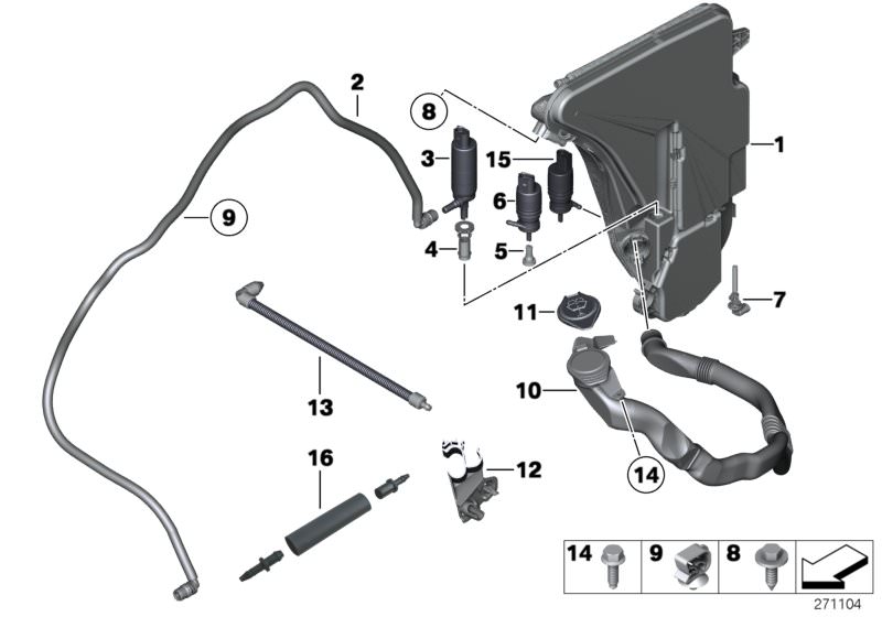 Picture board Reservoir,windscr./headlight washer sys. for the BMW 5 Series models  Original BMW spare parts from the electronic parts catalog (ETK) for BMW motor vehicles (car)   Cable clip, COVER F FILLER PIPE, Filler pipe bracket, Filler pipe, wash con