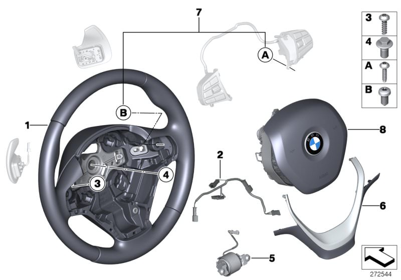 Illustration du Volant sport airbag Multif./manettes pour les BMW 3 Série Modèles  Pièces de rechange d'origine BMW du catalogue de pièces électroniques (ETK) pour véhicules automobiles BMW (voiture)   Airbag module, driver´s side, connecting line, steeri